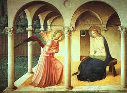 The Annunciation, shwoing St Gabriel announcing to Mary the good news.
