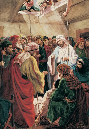A paralytic is lowered through the roof by his friends for Jesus to cure him.
